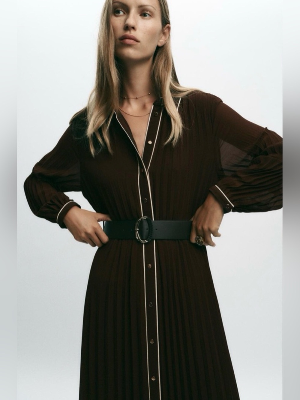 Zara Pleated Midi Dress With Belt Brown Ecru Piping Trim Long Sleeves Collar L